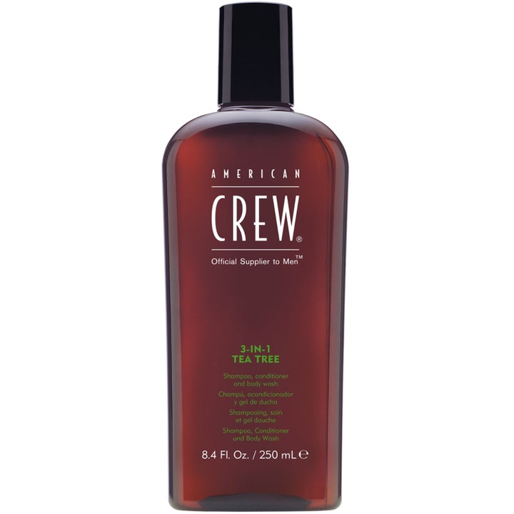 American Crew 3-IN-1 Tea Tree 250 ml virkistävä monitoimituote ruskeassa muovipullossa mustalla korkilla.