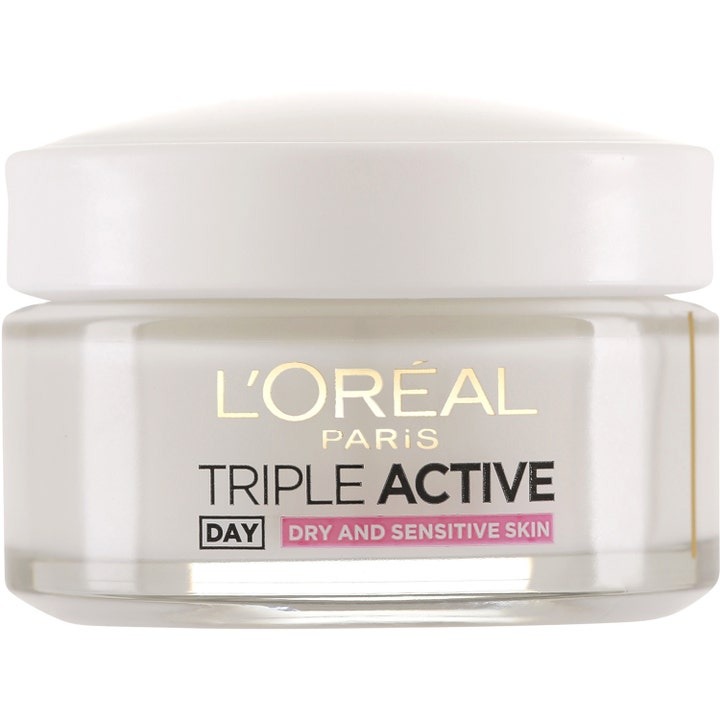 L'Oréal Paris Triple Active Day 50 ml kosteuttava päivävoide kuivalle iholle valkoisessa lasipurkissa.