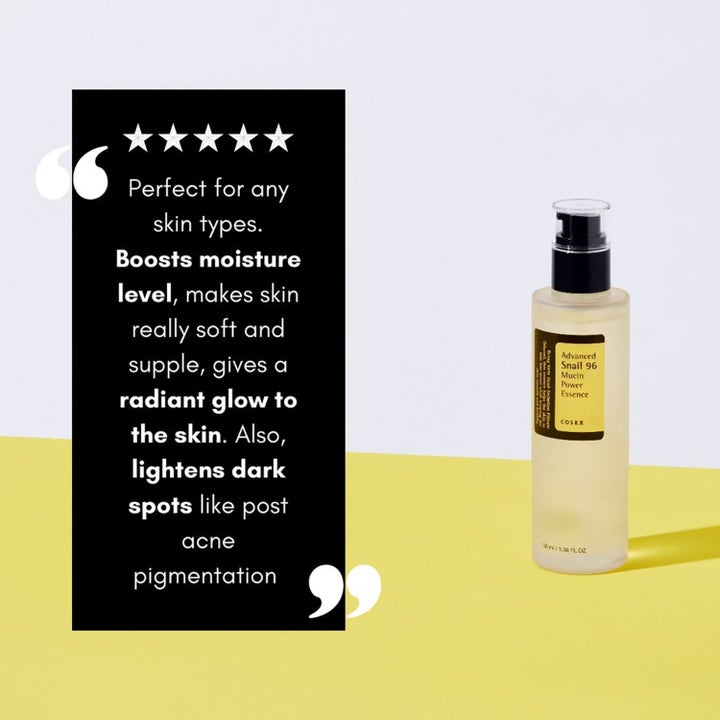 COSRX Advanced Snail 96 Essence 200 ml kosteuttava hoitoneste ja infolaatikko, joka lupaa heleyttä ja sileyttä.