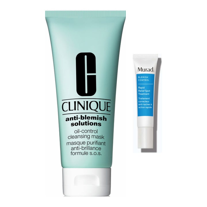 Clinique Anti-Blemish Solutions puhdistava naamio ja Murad täsmähoito epäpuhtauksille vihreässä ja valkoisessa tuubissa.