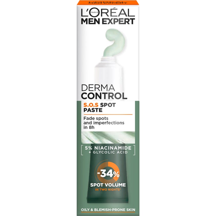 L'Oréal Paris Men Expert Derma Control S.O.S Spot Paste 45 ml täsmähoito epäpuhtauksille vihreässä pakkauksessa.