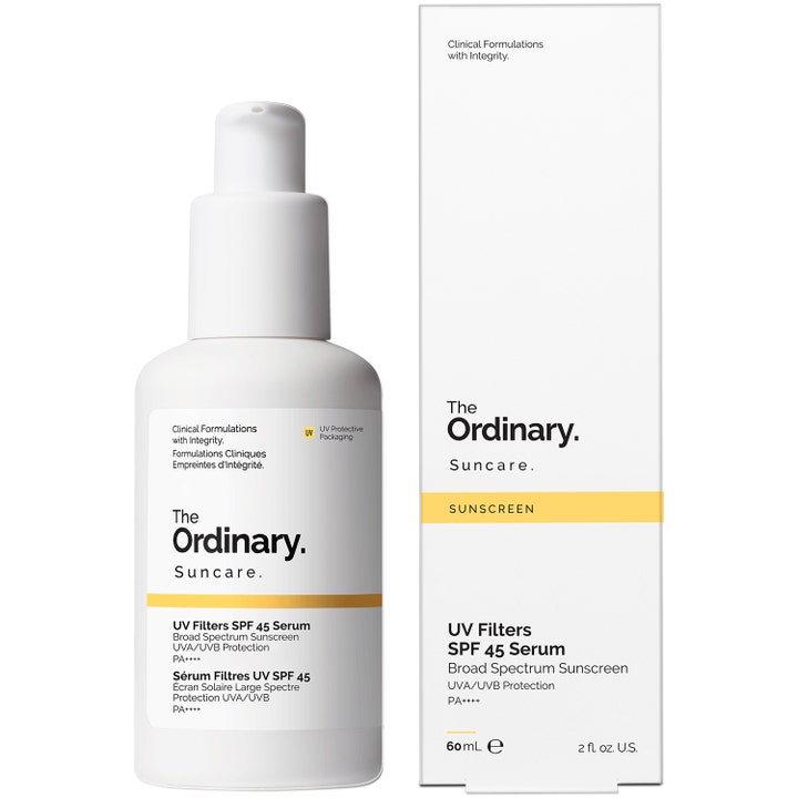 The Ordinary UV Filters SPF 45 Serum 60 ml suojaava kasvoseerumi valkoisessa pumppupullossa ja pakkauksessa