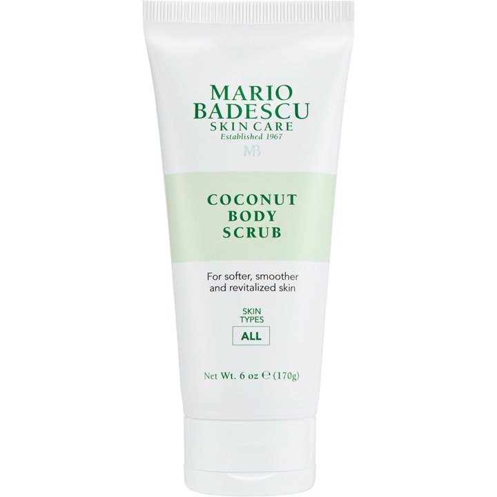 Mario Badescu Coconut Body Scrub 170 g pehmittävä vartalokuorinta valkoisessa tuubissa jossa on vihreitä yksityiskohtia