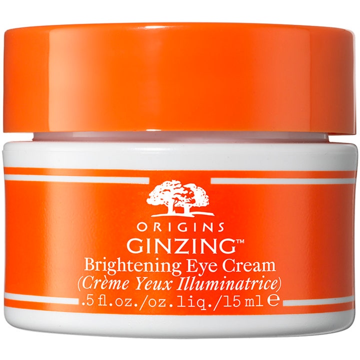 Origins GinZing Brightening Eye Cream 15 ml kirkastava silmänympärysvoide valkoisessa purkissa oranssilla korkilla.