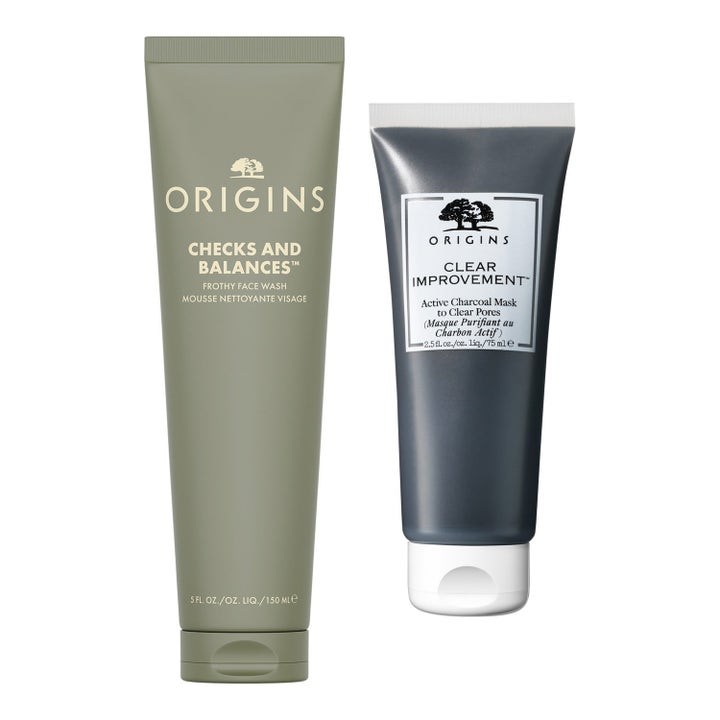 Origins Checks and Balances 150ml ja Clear Improvement 75ml syväpuhdistava duo vihreässä ja harmaassa tuubissa.