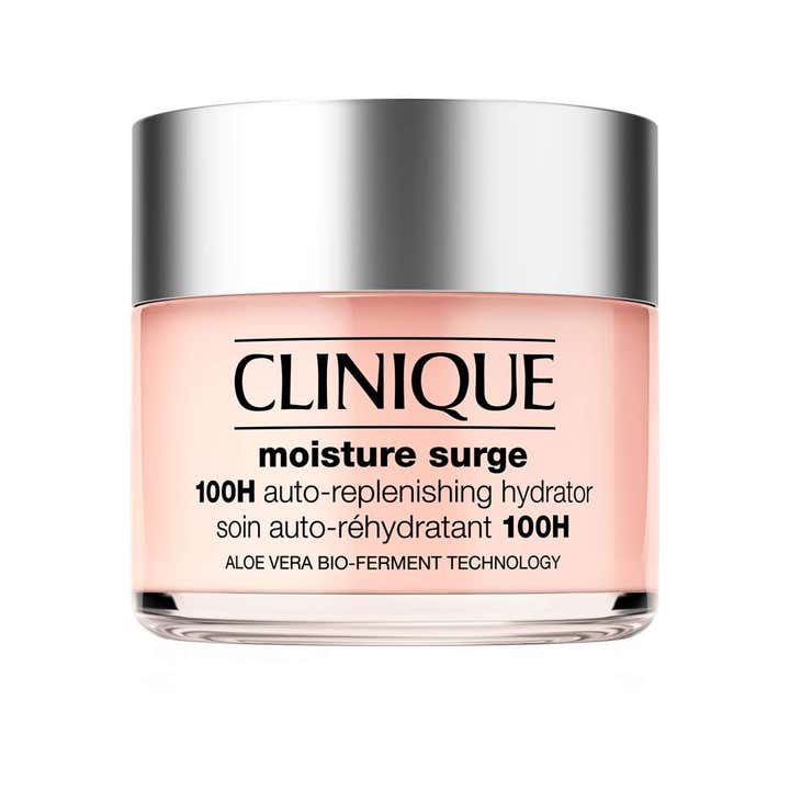 Clinique Moisture Surge 100H kosteuttava kasvovoide purkissa, jossa on vaaleanpunainen geeli ja hopeinen korkki.