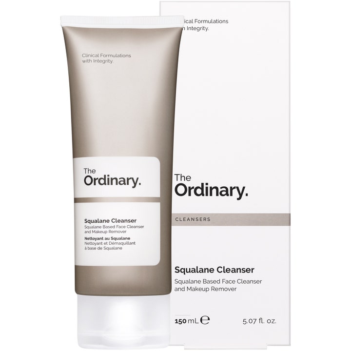 The Ordinary Squalane Cleanser 150 ml kosteuttava puhdistustuote harmaassa tuubissa ja valkoisessa pakkauksessa
