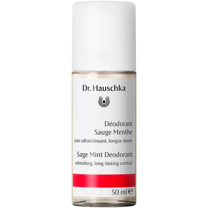 Dr. Hauschka Salvia-minttu deodorantti 50 ml raikastava roll-on valkoisella korkilla ja punaraitaisella etiketillä.