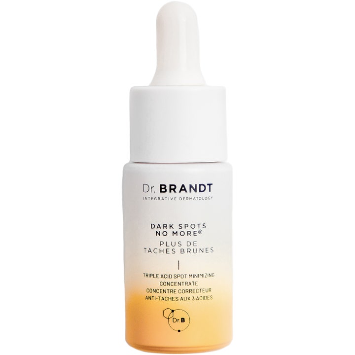 Dr. Brandt Dark Spots No More 15 ml pigmenttiläiskiä häivyttävä seerumi valkoisessa pipettipullossa oranssilla liukuvärillä