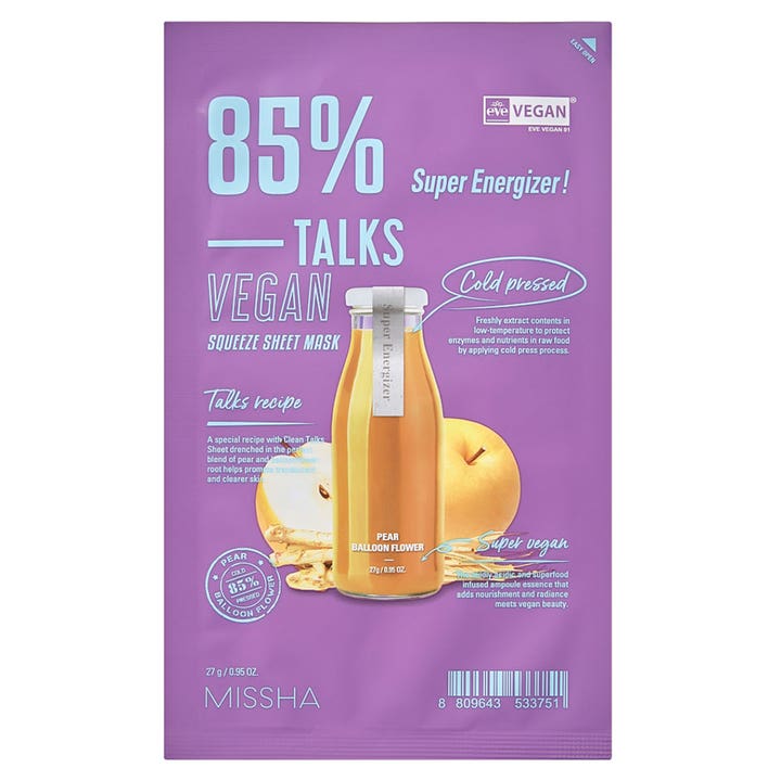 Missha Talks Vegan Squeeze Sheet Mask 27 g kirkastava kangasnaamio lila pakkaus keltaisella mehupullolla