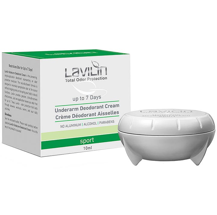 Lavilin Underarm Deodorant Cream Sport 10 ml hienhajua poistava deodoranttivoide valkoisessa purkissa ja pahvipakkauksessa
