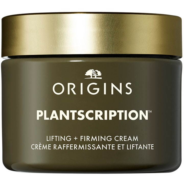Origins Plantscription Lifting + Firming Cream 50 ml kiinteyttävä kasvovoide oliivinvihreässä purkissa kultaisella korkilla.