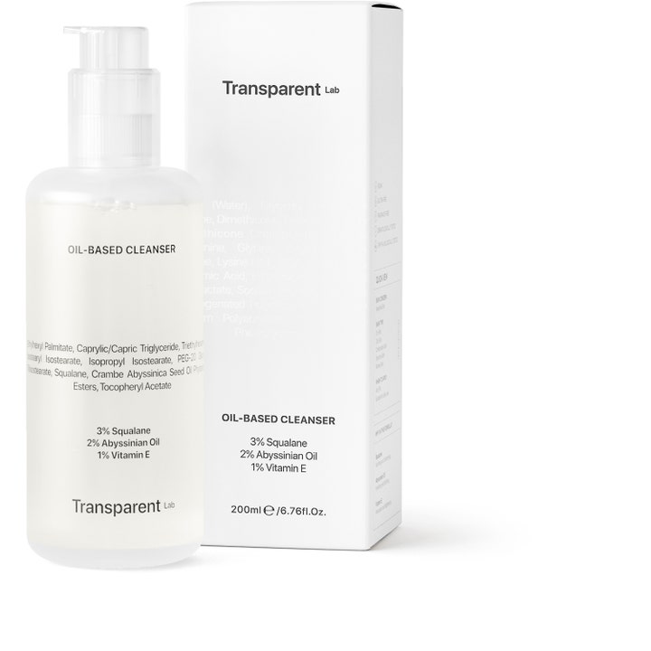 Transparent Lab Oil-Based Cleanser 200 ml puhdistusöljy sisältää skvalaania, kirkas pumppupullo ja valkoinen kotelo.