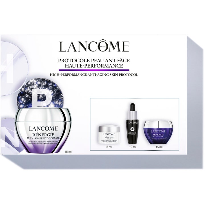 Lancôme Protocole Peau Anti-Âge lahjasetti kiinteyttävä anti-age-rutiini neljällä tuotteella violetissa rasiassa.