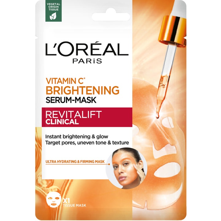 L'Oréal Paris Revitalift Clinical Vitamin C 1 kpl kirkastava kangasmaski heleyttää ihoa oranssi pakkaus ja pipetti