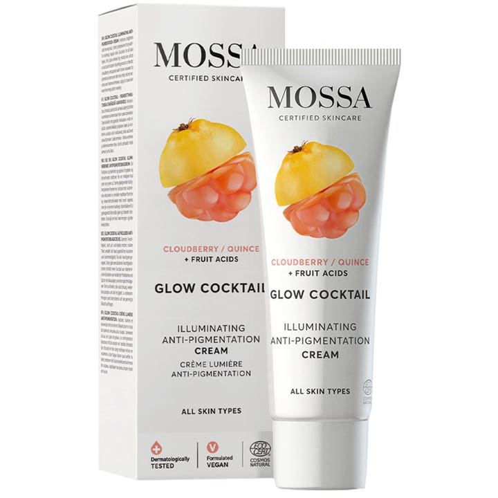 MOSSA Glow Cocktail 50 ml heleyttävä kasvovoide pigmenttimuutoksia vastaan valkoisessa tuubissa ja pakkauksessa.