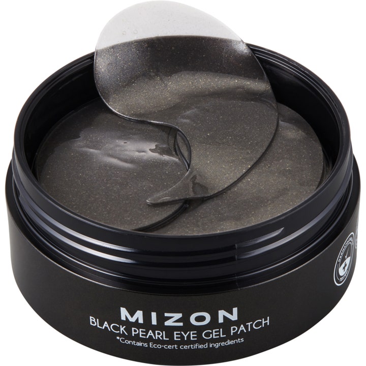 Mizon Black Pearl Eye Gel Patch 84 g virkistävä silmänympärysnaamio mustia kimaltelevia geelilappuja avatussa purkissa