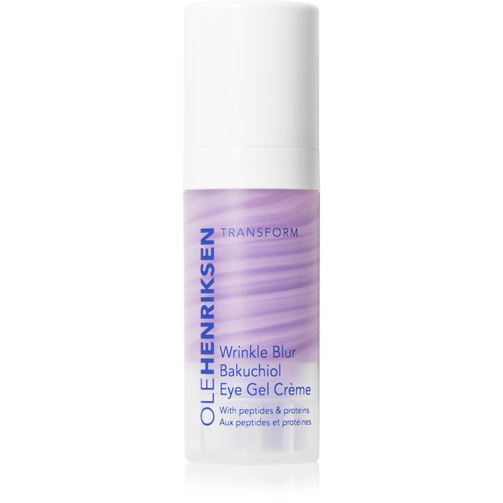 Ole Henriksen Wrinkle Blur Bakuchiol Eye Gel Crème silmänympärysvoide häivyttää ryppyjä lilan kierteisessä geelipullossa.