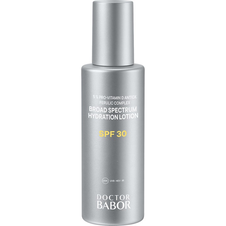 Doctor Babor Broad Spectrum Hydration Lotion SPF 30 kosteuttava aurinkosuoja harmaassa pumppupullossa.