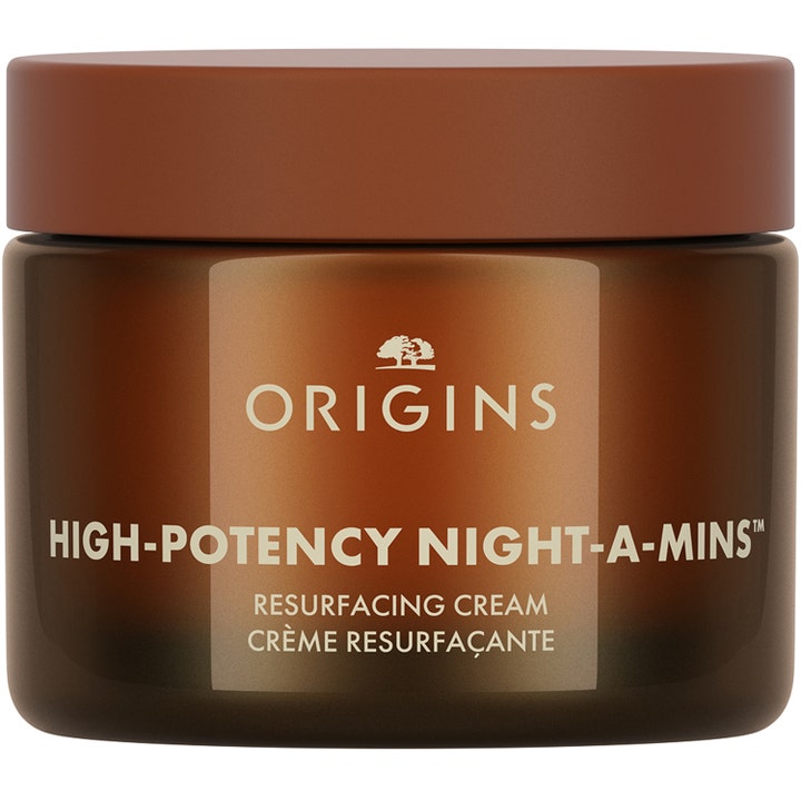 Origins High-Potency Night-A-Mins Resurfacing Cream uudistava yövoide ruskeassa lasipurkissa mattaisella korkilla