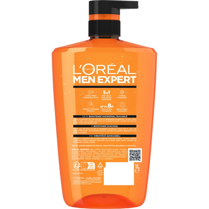 L'Oréal Paris Men Expert Hydra Energetic 1000 ml virkistävä suihkugeeli tauriinilla oranssissa pumppupullossa.