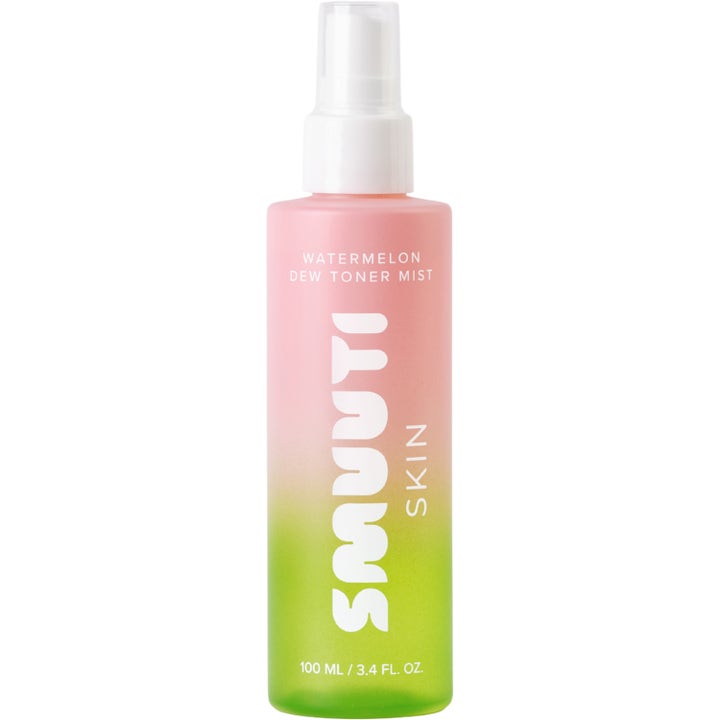 Smuuti Skin Watermelon Dew Toner Mist 100 ml kosteuttava kasvosuihke vaaleanpunaisesta vihreään liukuvassa pullossa.
