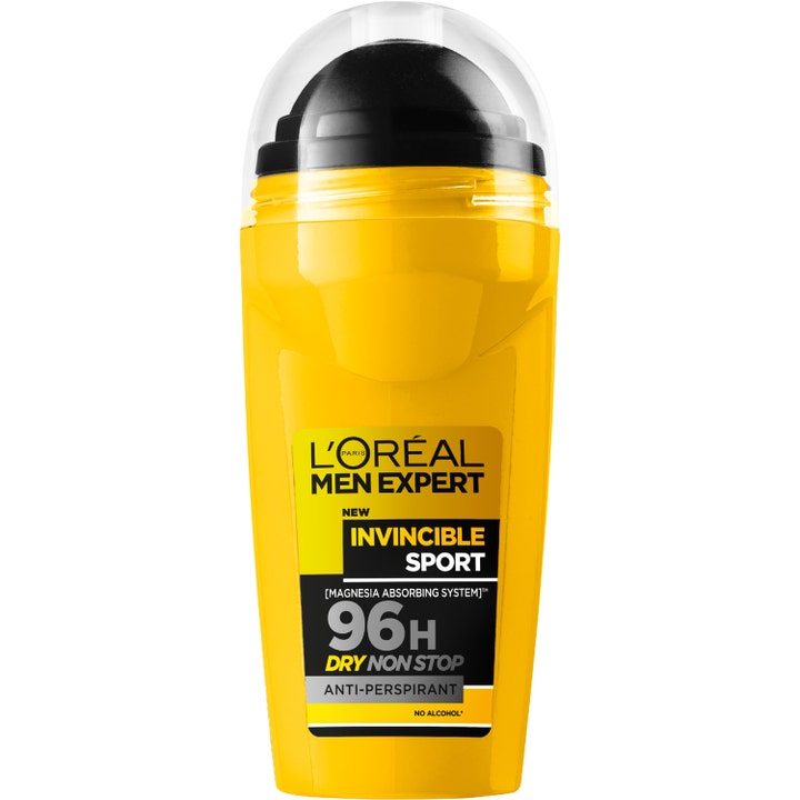L'Oréal Men Expert Invincible Sport 50 ml antiperspirantti keltaisessa pakkauksessa, jossa on musta levityspallo.