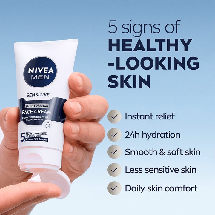 NIVEA Men Sensitive Face Cream 75 ml kosteuttava kasvovoide rauhoittaa ihoa ja levittyy helposti tuubista.