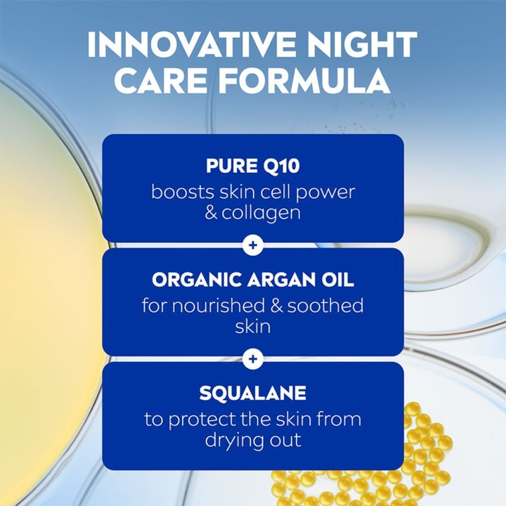 NIVEA Q10 Extra Nourish Night Cream 50 ml ravitseva yövoide sisältää puhdasta Q10 arganöljyä ja skvalaania.