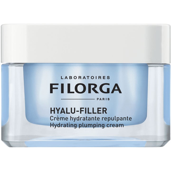 Filorga Hyalu-Filler kosteuttava ja täyteläistävä kasvovoide vaaleansinisessä lasipurkissa valkoisella kannella.