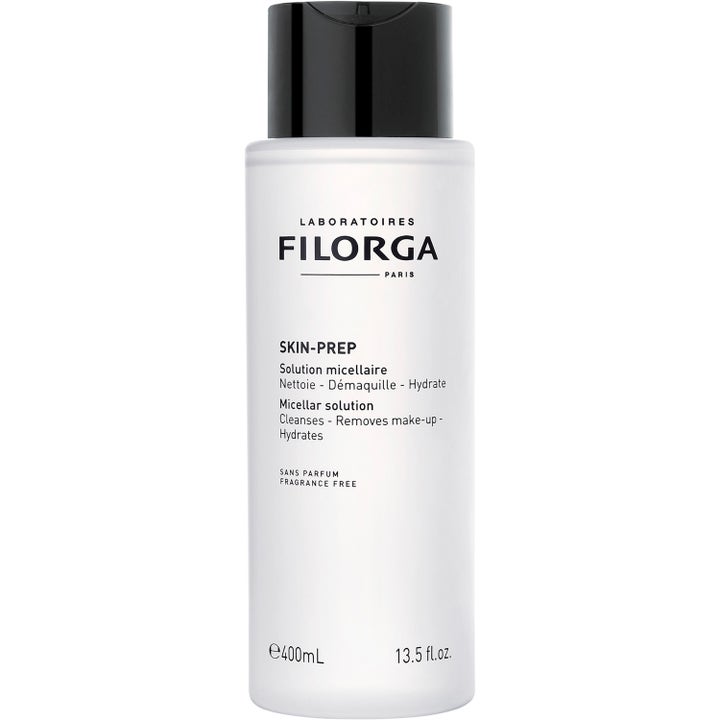 Filorga Skin-Prep Micellar Solution 400 ml hajusteeton misellivesi valkoisessa muovipullossa mustalla korkilla.