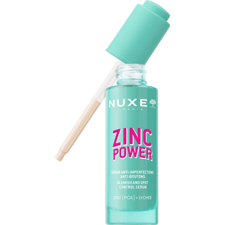 Nuxe Zinc Power Blemish And Spot Control Serum 30 ml epäpuhtauksia vähentävä seerumi turkoosissa pullossa ja pipetti