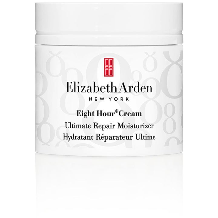 Elizabeth Arden Eight Hour Cream Ultimate Repair Moisturizer korjaava kasvovoide valkoisessa purkissa harmailla 8-kuvioilla.