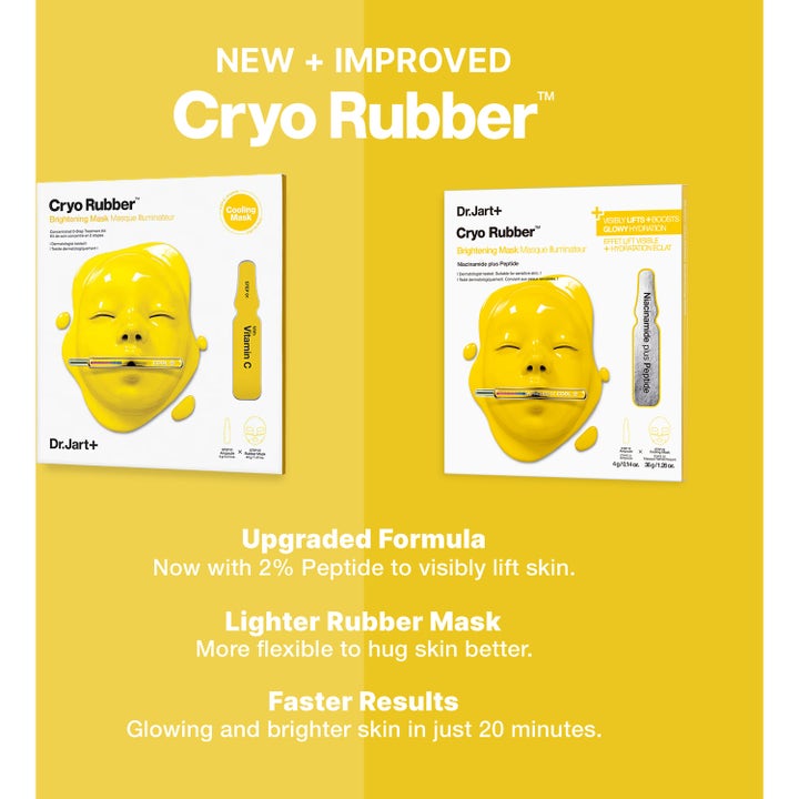 Dr.Jart+ Cryo Rubber Brightening Mask 36 g kirkastava kasvonaamio keltaisessa pakkauksessa, jossa on niasiiniamidia.