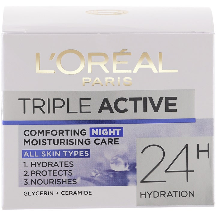 L'Oréal Paris Triple Active Night Cream 50 ml kosteuttava yövoide valkoisessa pakkauksessa kultaisella logolla.