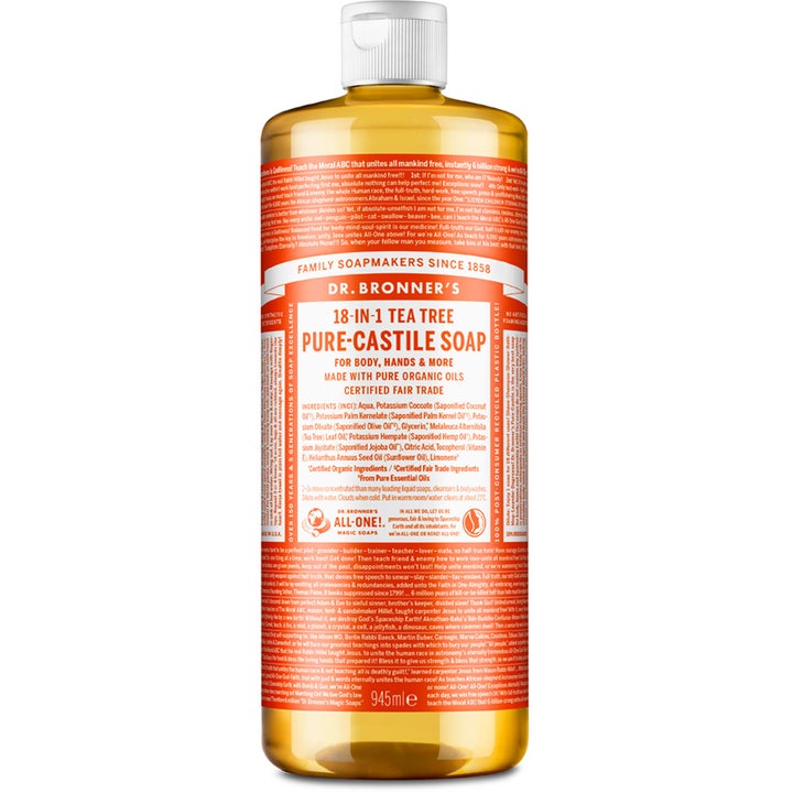 Dr. Bronner's 18-in-1 Tea Tree Pure-Castile Soap 945 ml puhdistava saippua oranssilla etiketillä ja valkoisella korkilla