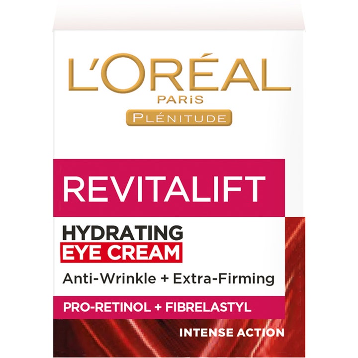 L'Oréal Paris Revitalift 15 ml silmänympärysvoide silottaa ryppyjä valkoisessa ja punaisessa pakkauksessa.