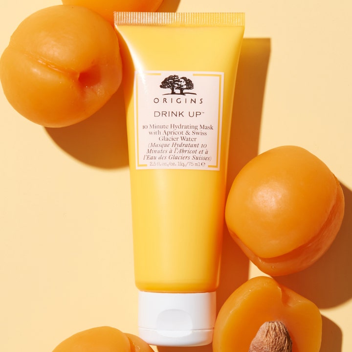 Origins Drink Up 10 Minute Mask 75 ml kosteuttava kasvonaamio keltaisessa tuubissa tuoreiden aprikoosien kanssa