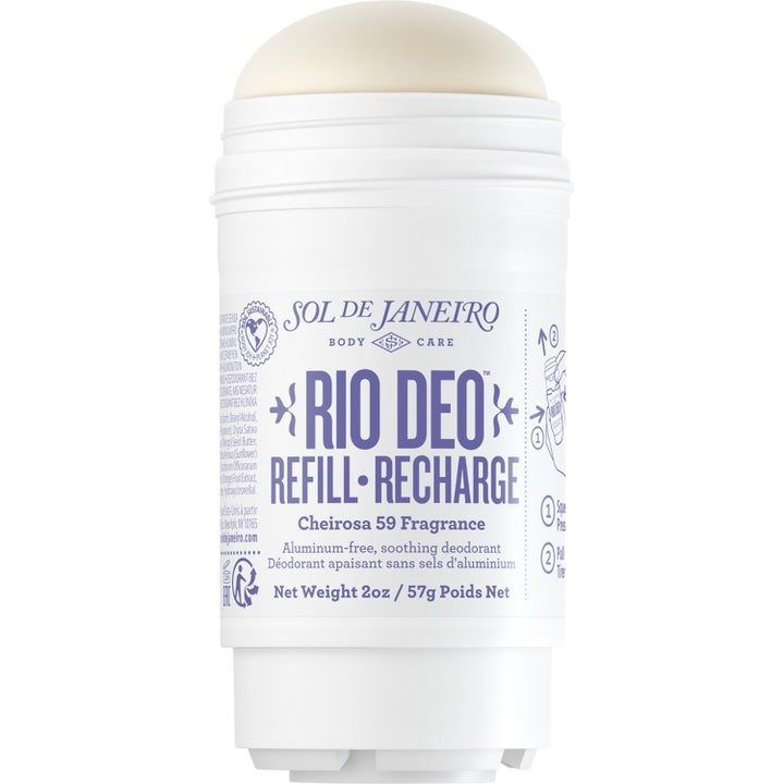 Sol de Janeiro Rio Deo Refill-Recharge 57 g alumiiniton ja rauhoittava deodoranttitäyttöpakkaus valkoisessa hylsyssä.