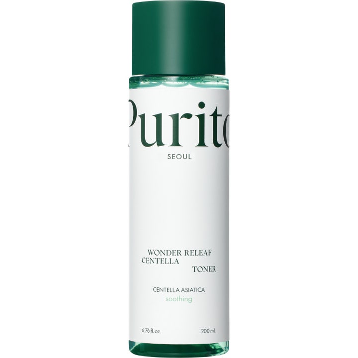 Purito Seoul Wonder Releaf Centella Toner 200 ml rauhoittava kasvovesi valkoisella etiketillä ja vihreällä korkilla.