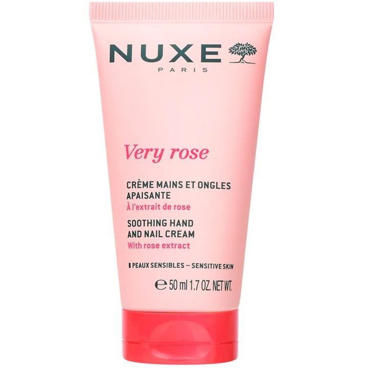 Nuxe Very Rose 50 ml rauhoittava käsi- ja kynsivoide vaaleanpunaisessa tuubissa jossa on punainen korkki