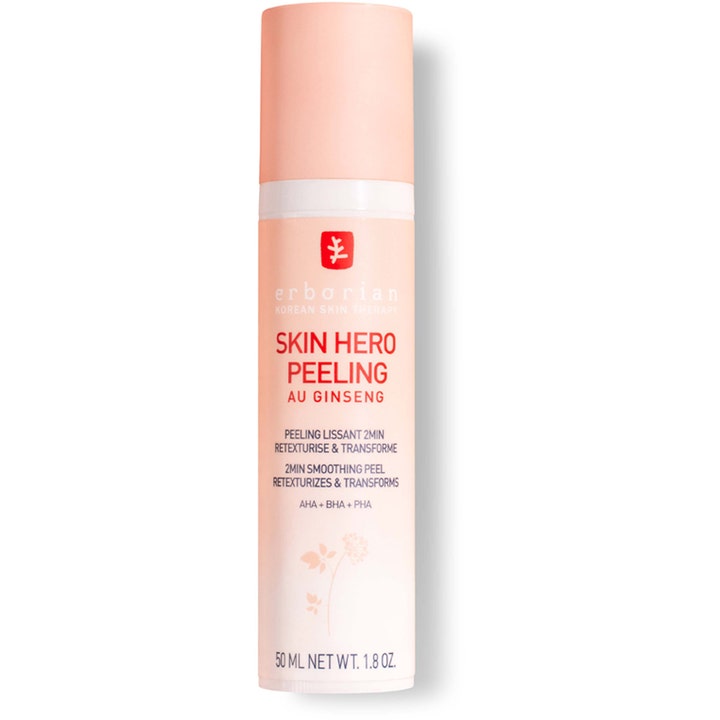 Erborian Skin Hero Peeling 50 ml tasoittava kasvokuorinta persikanvärisessä sylinteripullossa valkoisella korkilla.