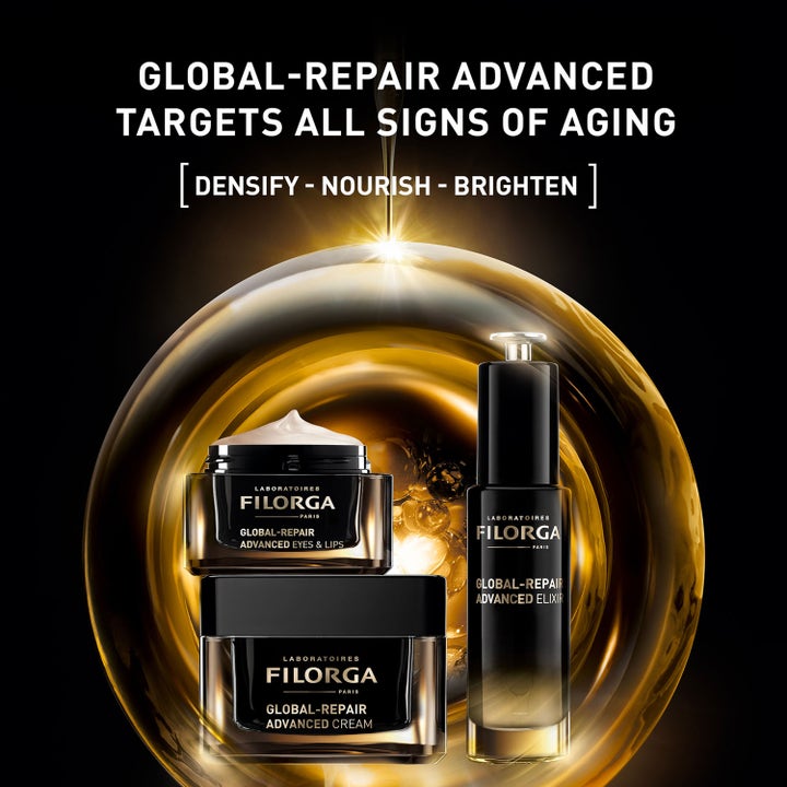 Filorga Global-Repair Advanced Eyes & Lips 15 ml ravitseva voide mustassa purkissa kultaisen pisaran sisällä.