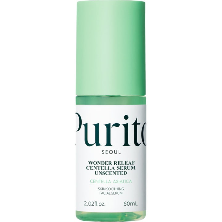 Purito Wonder Releaf Centella Serum Unscented 60 ml rauhoittava seerumi vaaleanvihreällä korkilla ja kirkkaalla pullolla