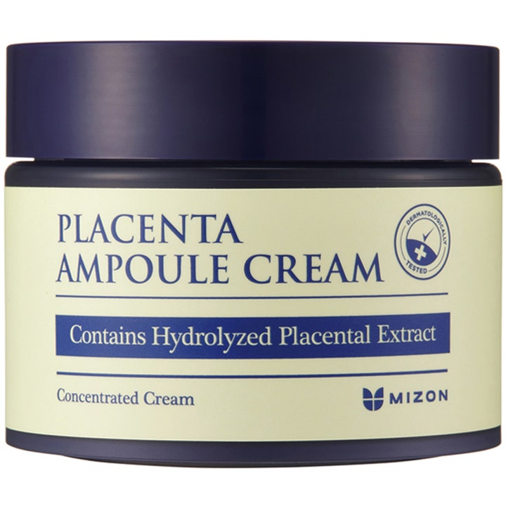 Mizon Placenta Ampoule Cream ravitseva ja vahvistava kasvovoide tummansinisessä purkissa vaalealla etiketillä.
