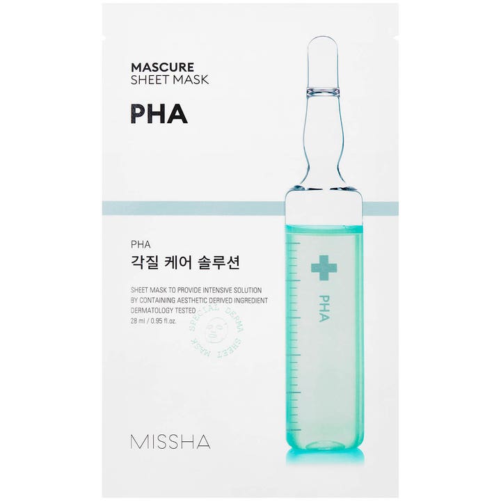 Missha Mascure Sheet Mask PHA 28 ml kuoriva kangasnaamio valkoisessa pakkauksessa turkoosilla ampullikuvalla