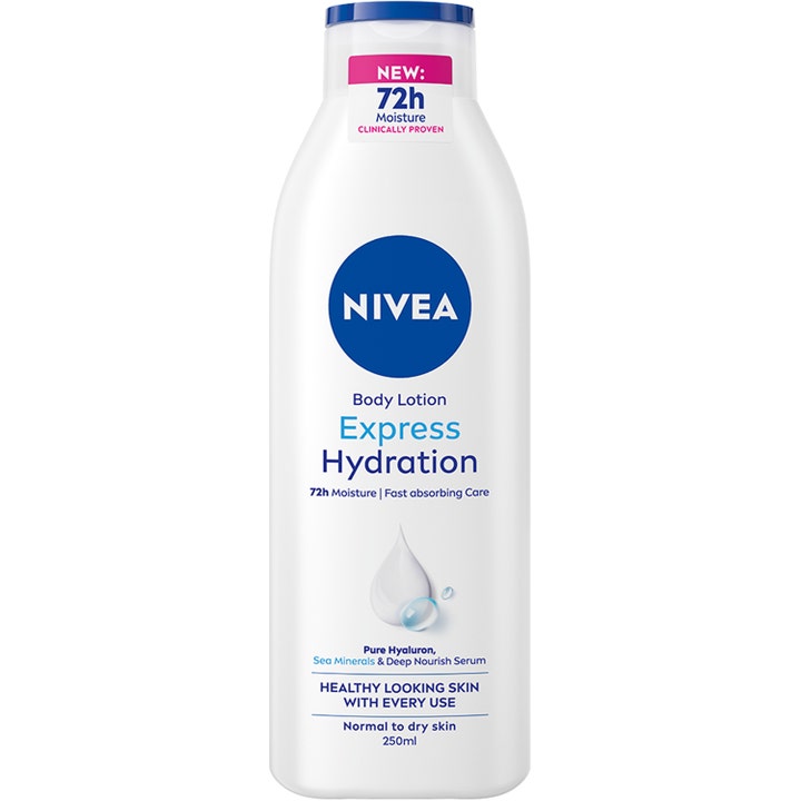Nivea Express Hydration 250 ml kosteuttava vartalovoide valkoisessa muovipullossa, jossa on sininen korkki.