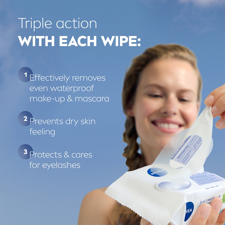 NIVEA MicellAIR Expert Wipes 25 kpl puhdistusliinat poistavat vedenkestävän meikin ja hoitavat ripsiä Triple action -teholla.