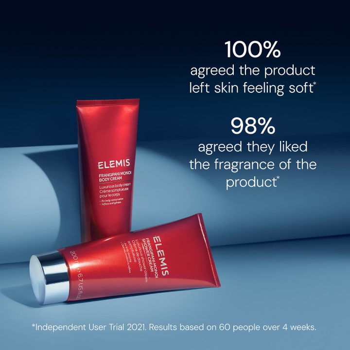 Elemis Frangipani Monoi Body Cream 200 ml pehmentävä vartalovoide punaisissa tuubeissa sinisellä taustalla.