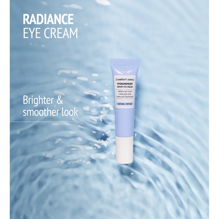 Comfort Zone Hydramemory Depuff Eye Cream 15 ml kirkastava silmänympärysvoide kofeiinilla vaaleansinisessä tuubissa.